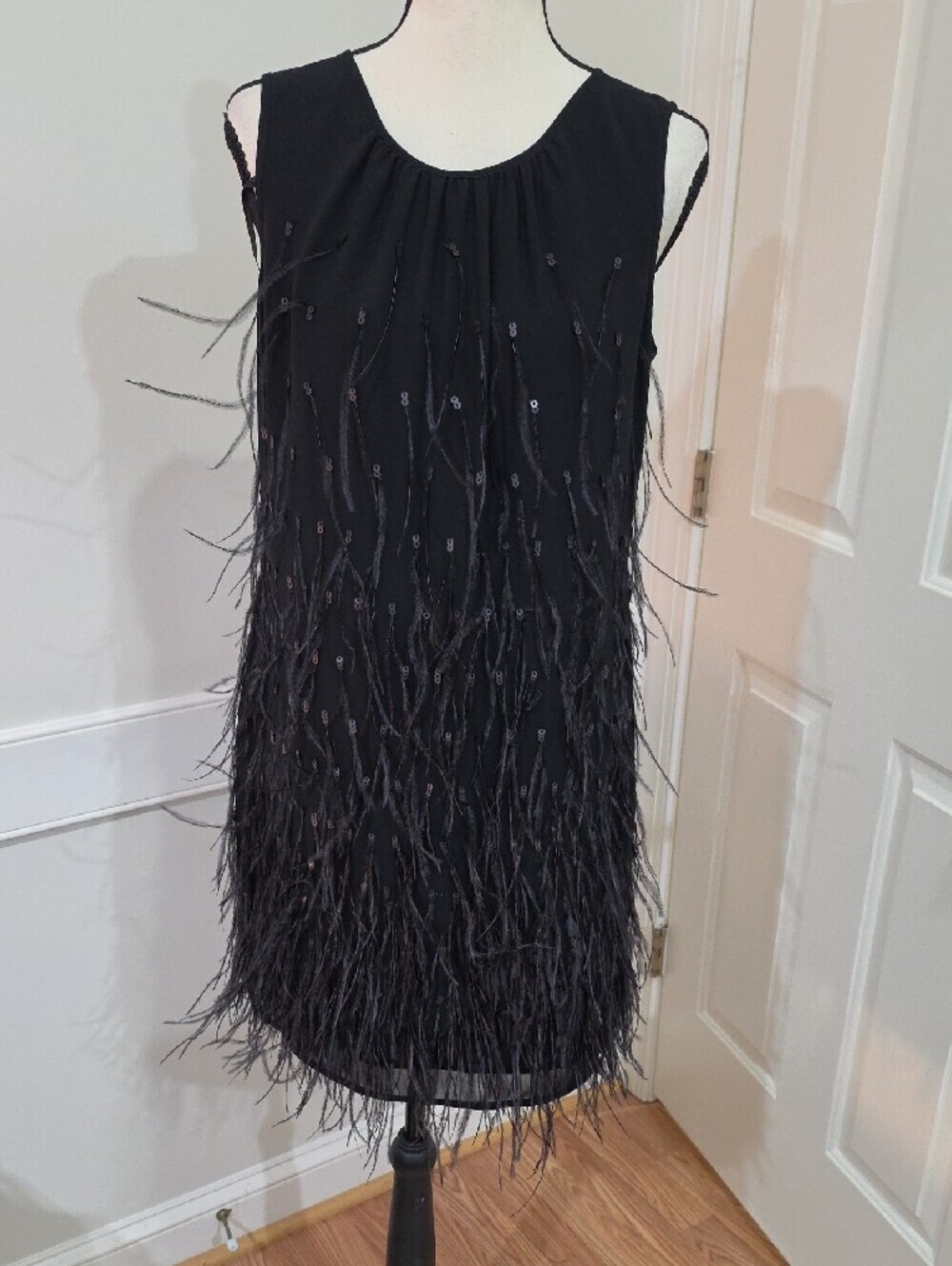 Talbots Petites Black Sequin and Feather-Trim Cocktail Shift Dress - Size 8P - Picture 2 of 9